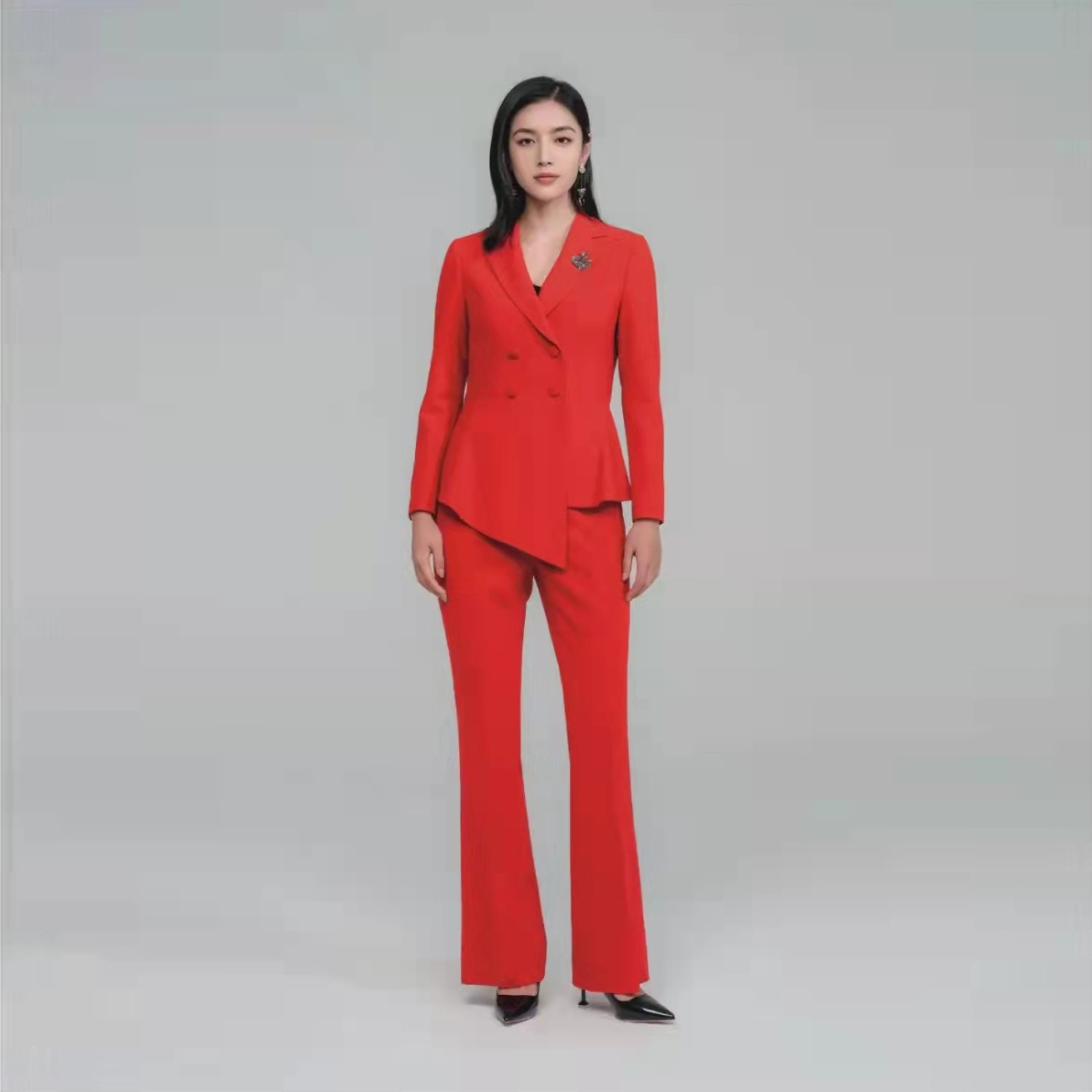 Wholesale New Arrival Professional Women's Suit Set Red Office Formal Blazers and Pants with Button Decoration