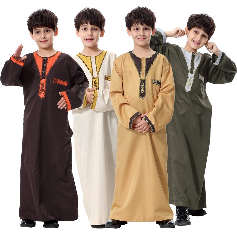 Muslim ethnic middle east region boys islamic clothing wholesale lace embroidery al haramain thobe for 8 year old boys clothing