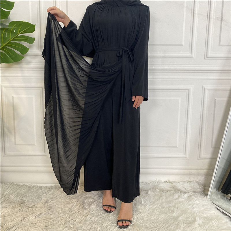 2023  New Coming Simple Abaya Jumpsuit With Attached Pleased Chiffon Overlayer Muslim Modest Jumpsuits Islamic Clothing