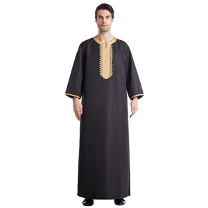 2022 new arrival solid al aseel thobe embroidery men thobes islamic clothing black thobes mens dubai abaya wholesale Islamic Muslim clothing