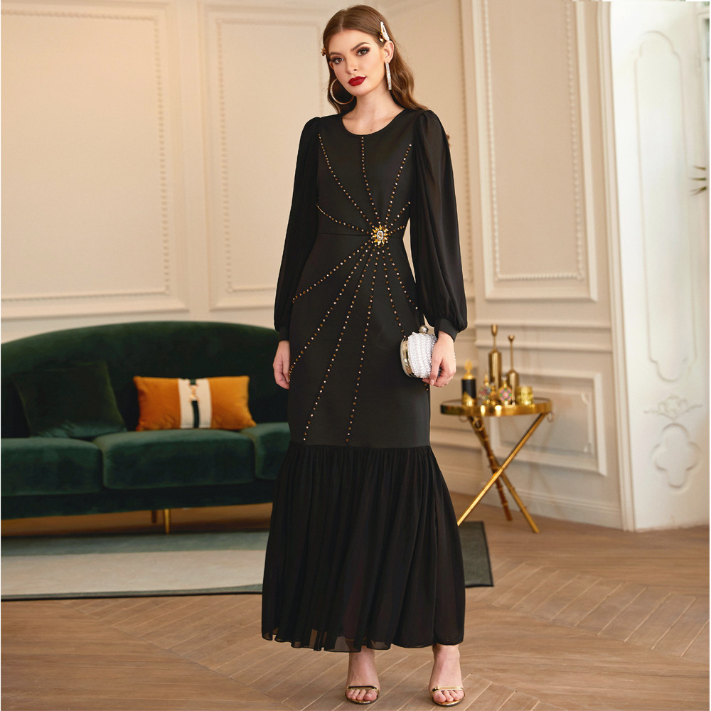 Islamic Muslim garment factory women's black sequins luxury gold rimmed and diamond inlaid abaya robes support customization