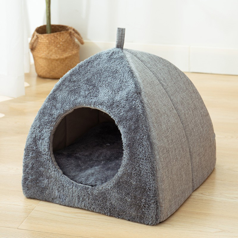 Plush Foldable Dog Cat Bed Non-slip Pet Kennel Gray Kitten House Indoor Enclosed Sleeping Cats Cave Bed for Small Dogs Tent New