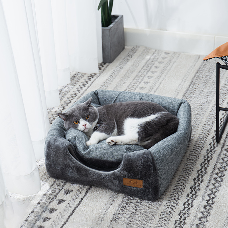 Plush Foldable Dog Cat Bed Non-slip Pet Kennel Gray Kitten House Indoor Enclosed Sleeping Cats Cave Bed for Small Dogs Tent New