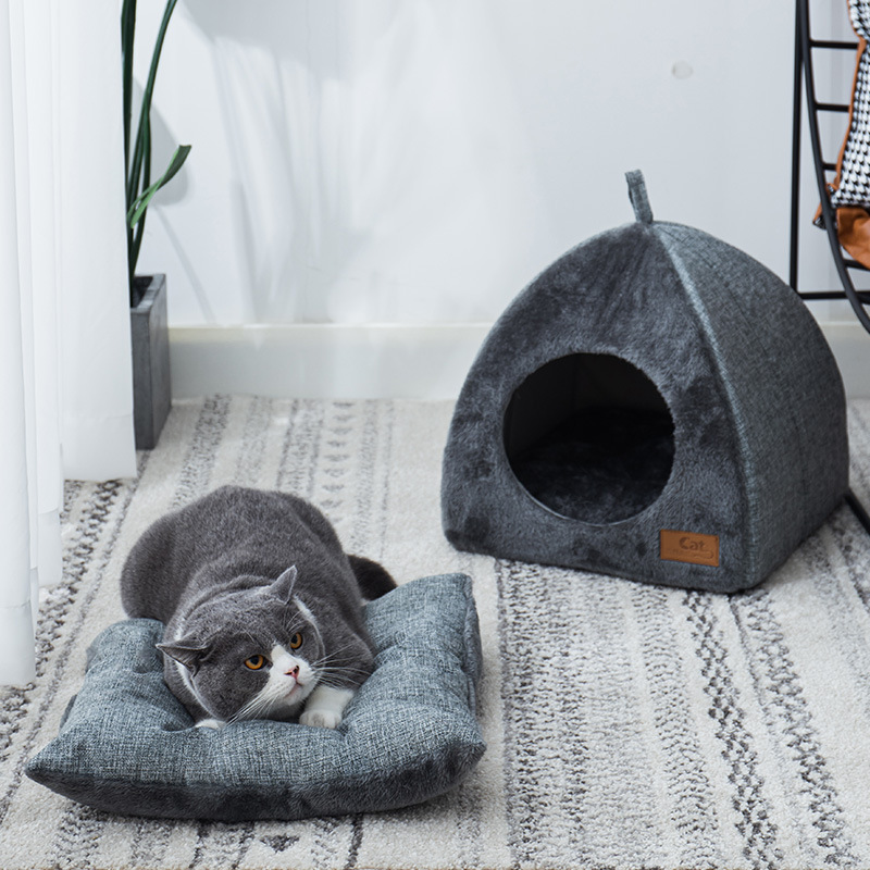 Plush Foldable Dog Cat Bed Non-slip Pet Kennel Gray Kitten House Indoor Enclosed Sleeping Cats Cave Bed for Small Dogs Tent New