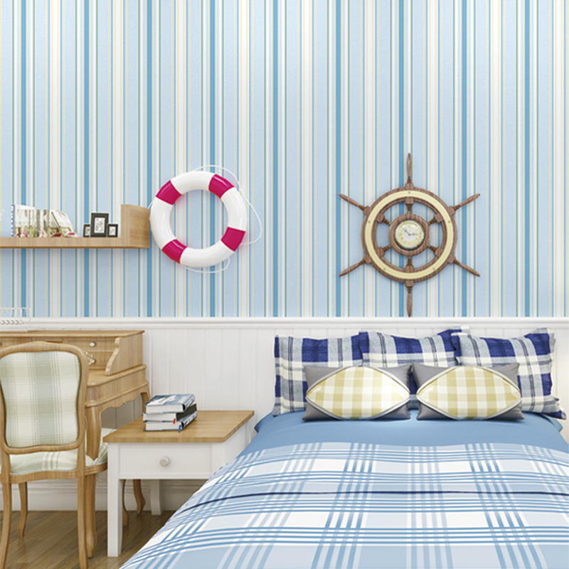 Striped Children's Room Wallpaper Little Bear Sailboat Blue 3D kids wallapaper