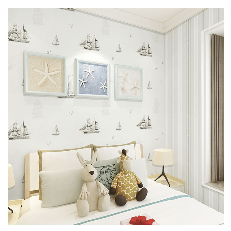 Children's room cartoon non-woven wallpaper bedroom interior wall decorative wallpaper boy sailboat wallpaper