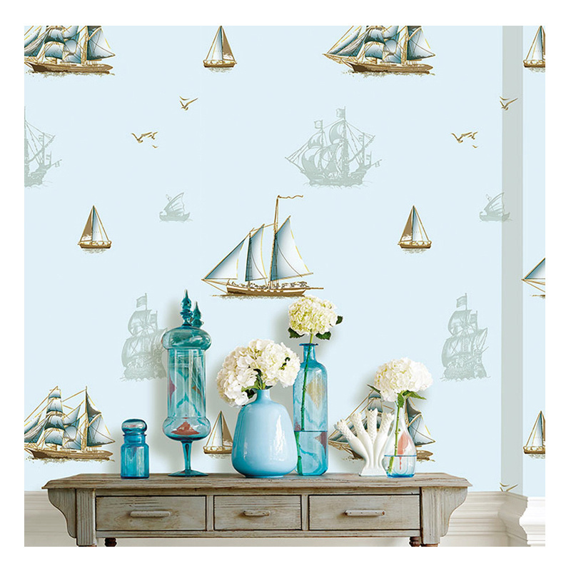 Children's room cartoon non-woven wallpaper bedroom interior wall decorative wallpaper boy sailboat wallpaper