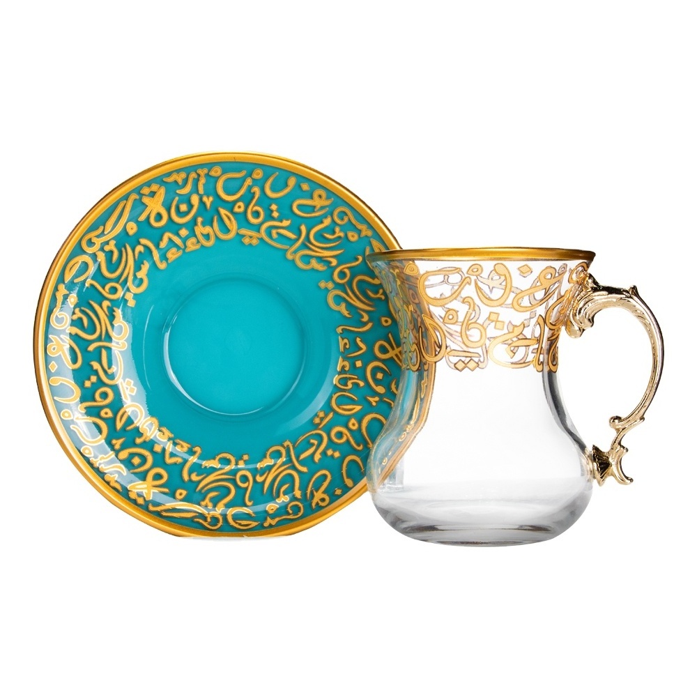 Luxury Color Painted Teacup Coffee  thin Waist Turkish Tea Set With Customized Color turquoise  Glass Mug Set