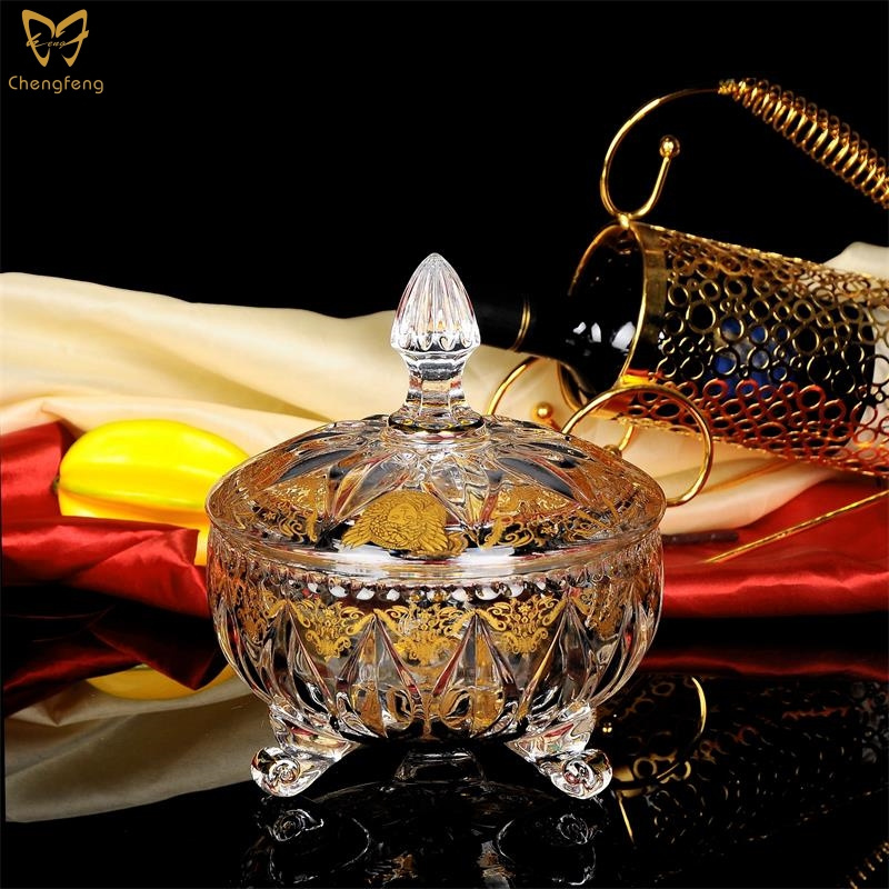 Wholesale Table Decoration Crystal Glass Fruit Candy Plate Clear Glass Dish Decorated By Real Gold Decal