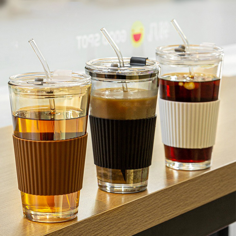 16 oz Black Color Heat Insulation Reusable Travel Coffee Mug Ice Cold Brew Amber Drinking Glass Cup with Lid with Glass Straw