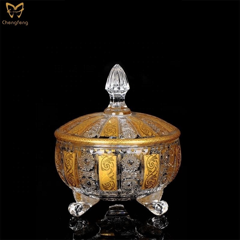 Wholesale Table Decoration Crystal Glass Fruit Candy Plate Clear Glass Dish Decorated By Real Gold Decal