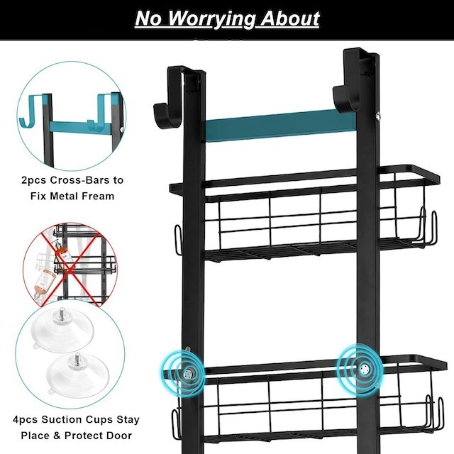 5-Tier Adjustable Hanging Shower Shelves with Hook & Soap Holder for Bathroom & Kitchen Over The Door Shower Caddy Black