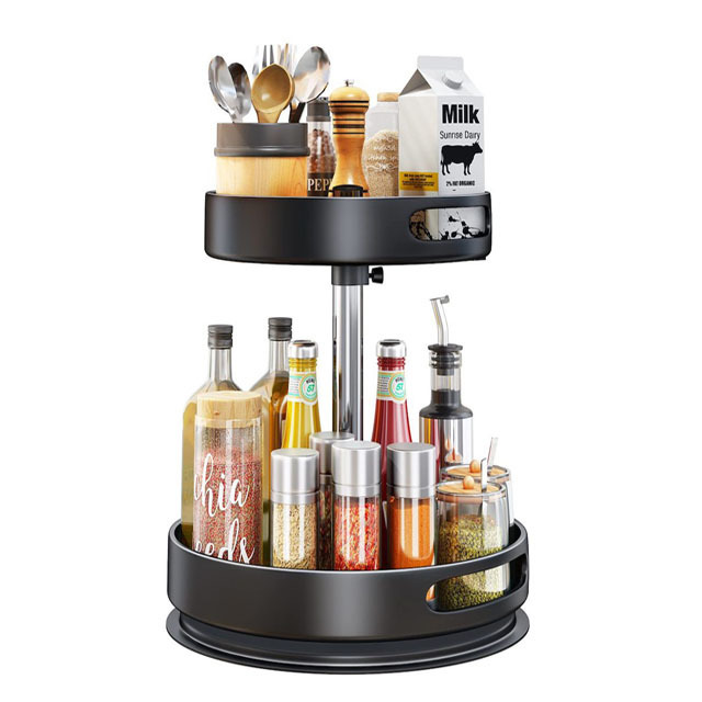 Kitchen 2 Tier Metal Rotating Spice Racks for Pantry Cabinet Cupboard Table Seasoning Rack Lazy Susans Organizer Black