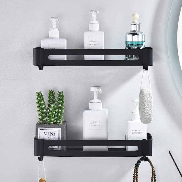 2 Pack Bathroom Shelf Metal Wall Storage Organizer Rack With Hooks Adhesive Shower Caddy