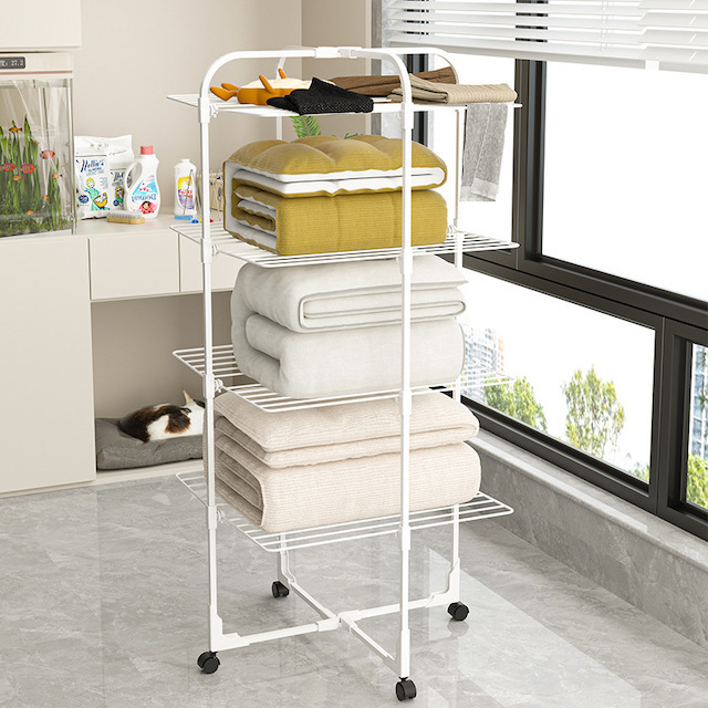 3-Tier Collapsible Laundry Drying Stand with Wheels Indoor-Outdoor Use White Clothes Drying Rack