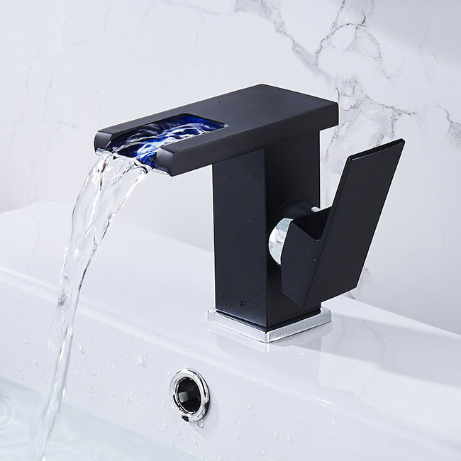 Modern Antique Black Led Waterfall Bathroom Sink Faucet Bronze Single Handle Led Light Faucet