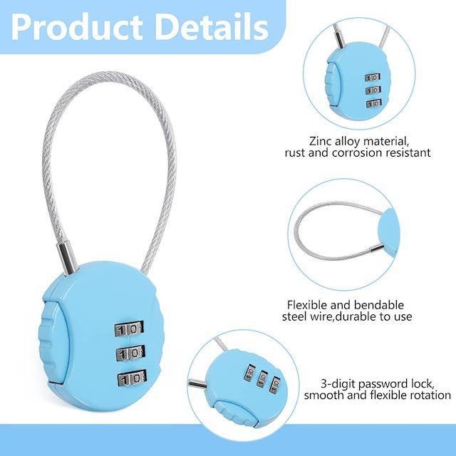 3 Digit Combination Padlock Code Lock with Wire Rope Outdoor Waterproof Padlock for Backpack Suitcase Combination Lock