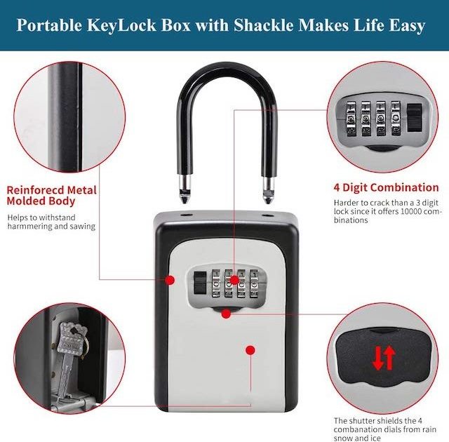 4 Digit Combination Lock Box Waterproof Key Storage Lock Box 5 Keys Capacity Lockbox with Removable Shackle Key Lock Box