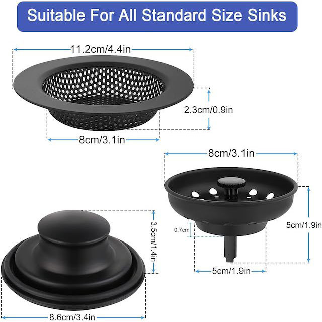 Kitchen 3 in 1 Sink Drain Filter Sieve Anti-Clogging Sink Drain Strainer Stainless Steel Sink Stopper Strainer Black