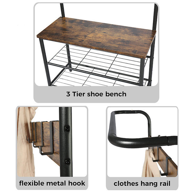 Freestanding 3 In 1 Coat Shoe Organizer for Entryway Storage Bench Easy Assembly Coat Rack Shoe Bench