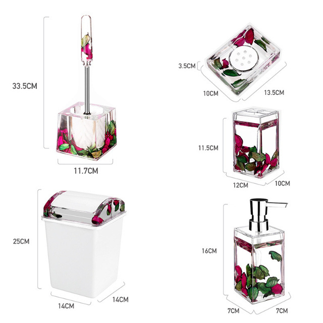 5-Piece Dried Flower Set Toilet Brush Soap Dispenser Trash Can Soap Dish Toothbrush Holder ABS+Drop Glue Bathroom Accessories