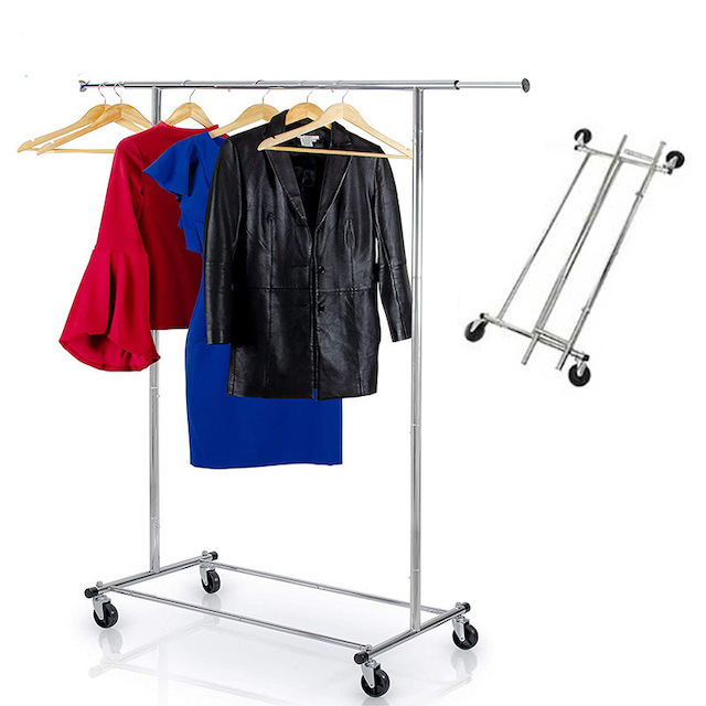 Commercial Clothing Storage Display Stand With Wheels Extendable Lift Double Rods Clothes Rack