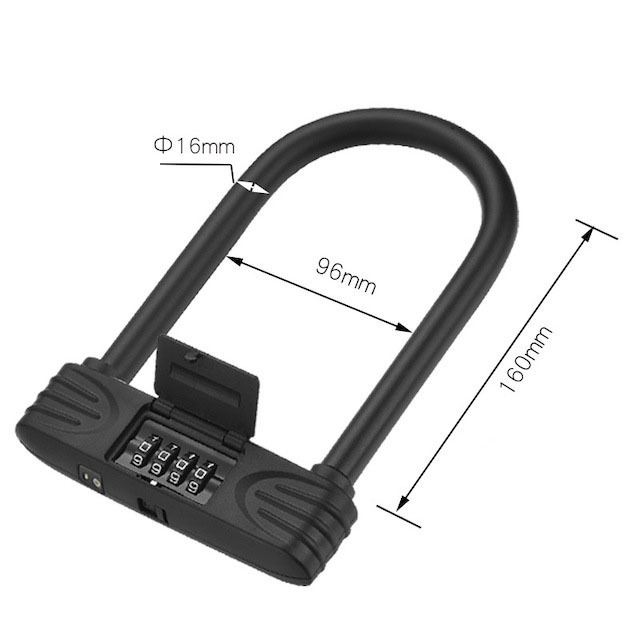 4 Digit Combination Password Bicycle Lock with U-Lock Shackle Waterproof No Key Bike U Lock Black