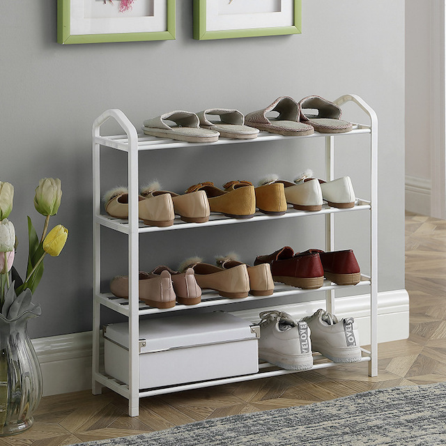 Shoe Shelf Metal Free Standing Shoe Racks for Entryway/Doorway and Closet 4 Tier Stackable Small Shoe Rack White