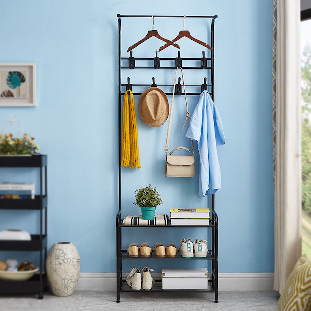 3-in-1 Coat Racks Free Standing with 3-Tier Shelf and 16 Hooks for Clothes Hat Bag Umbrella Entryway Coat and Shoe Rack