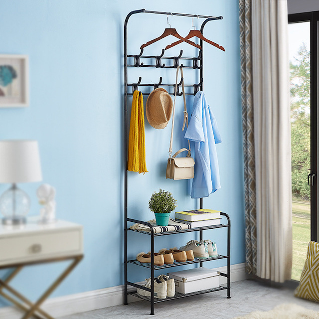 New Design Coat Racks Free Standing with 3-Tier Shelf and 16 Hooks Entryway 3-in-1 Coat and Shoe Rack