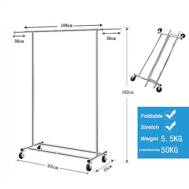 CUSTOM DESIGN Adjustable Collapsible Rolling Clothes Rack with Wheels Silver Clothing Garment Rack