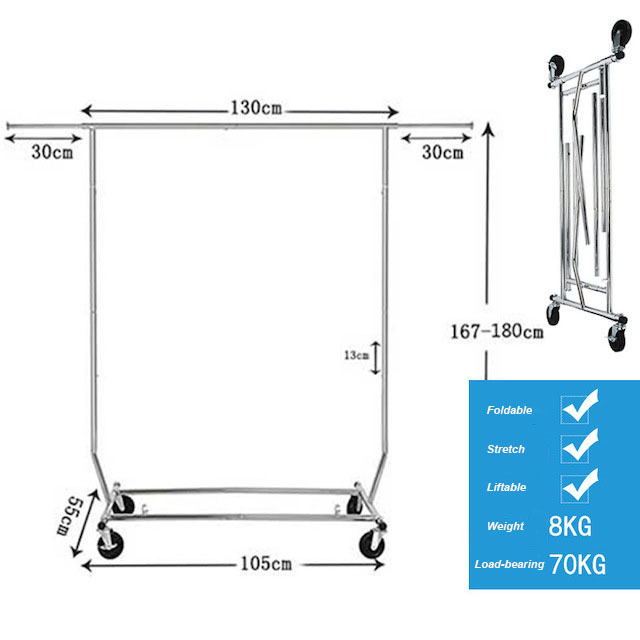 CUSTOM DESIGN Adjustable Collapsible Rolling Clothes Rack with Wheels Silver Clothing Garment Rack