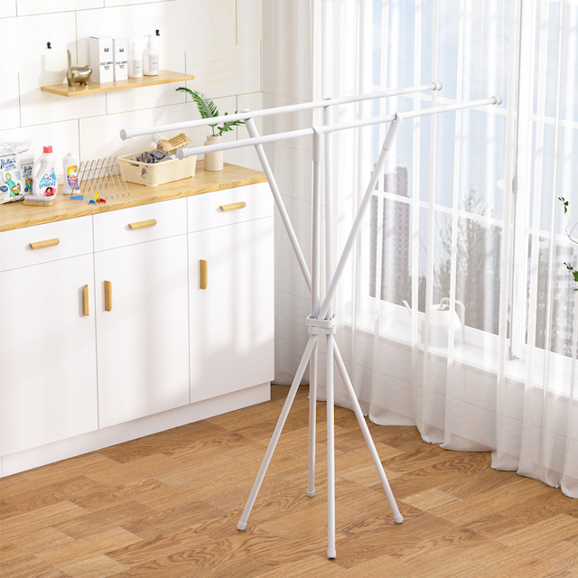 Foldable Clothes Drying Laundry Rack Portable Space Saving Large Capacity 2 Poles Laundry Drying Rack White/Black