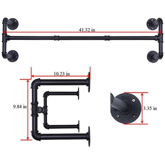 Hot Sale Clothes Rack Wall-Mounted Black Easy Assembly Industrial Wind and Water Pipe Iron Clothing Rack