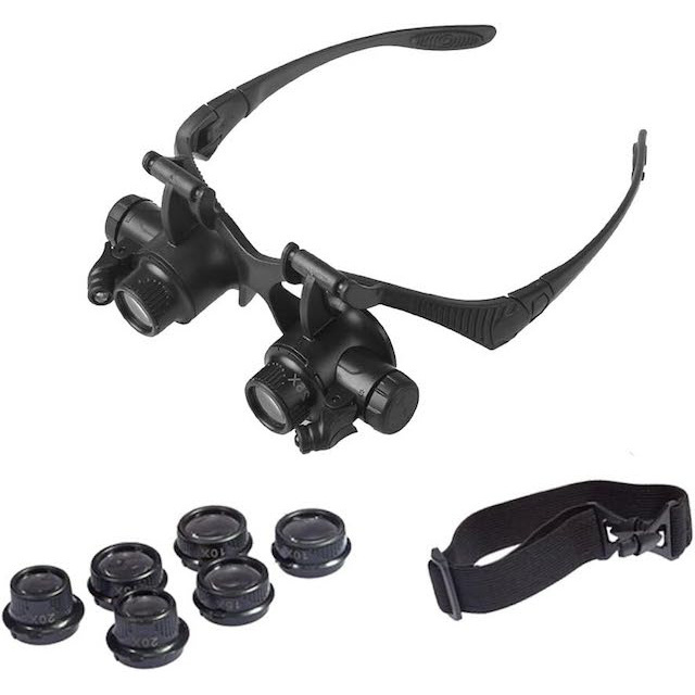 Double Eyes Loupe Head-Worn Magnifier with 4 Lenses 10X 15X 20X 25X LED Illuminated Magnifying Glasses