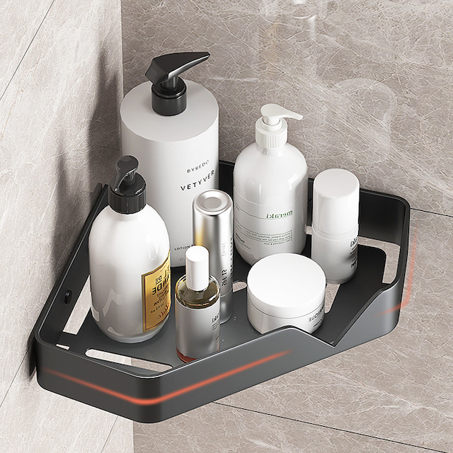 Bathroom 3 Tier Storage Shelves Shower Caddy with Two Hooks Adhesive Wall Mounted Shower Corner Shelf