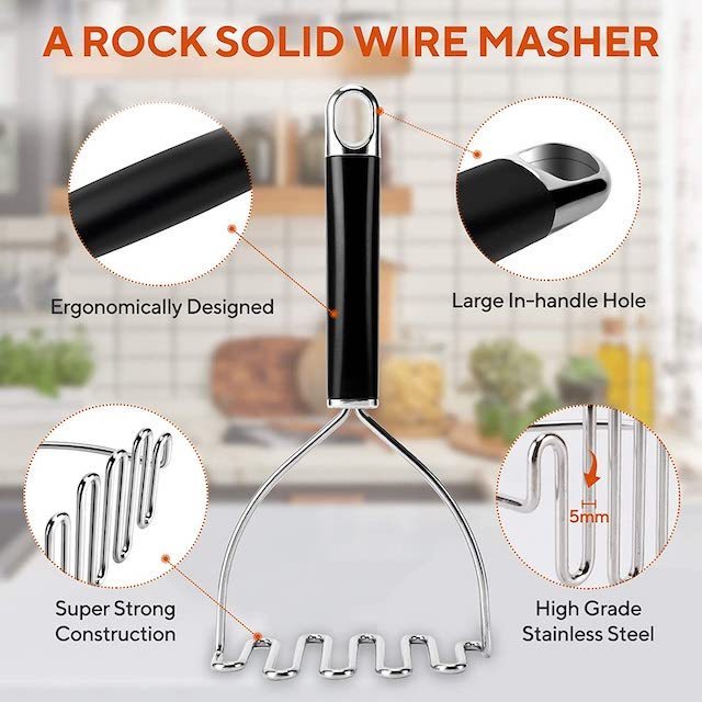 Premium Quality Kitchen Tool Bean Masher Vegetable Fruits Stainless Steel Potato Masher Silicone Black