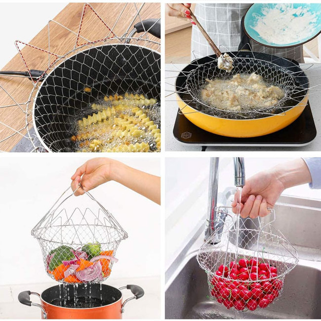 Kitchen Cooking Tool Foldable Stainless Steel Fried Food Frying Basket