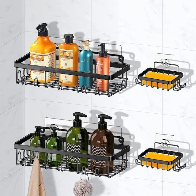 New Hot Sale Bathroom Metal Storage Rack Black Without Drilling Tray Shower Shelf