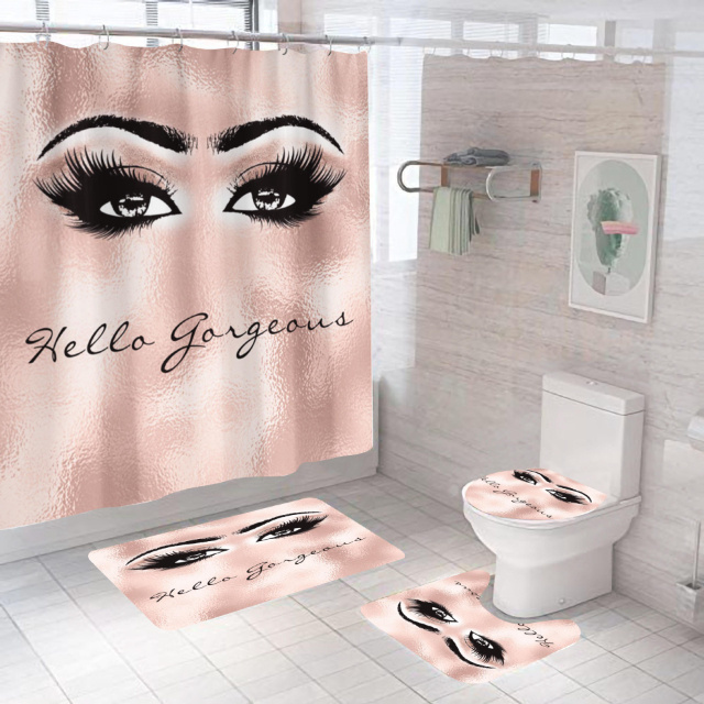 Gold Glitter Pink Glamour Fashion Bathroom Decoration Non Slip Bath Mat Toilet Rug Polyester Shower Curtain Set