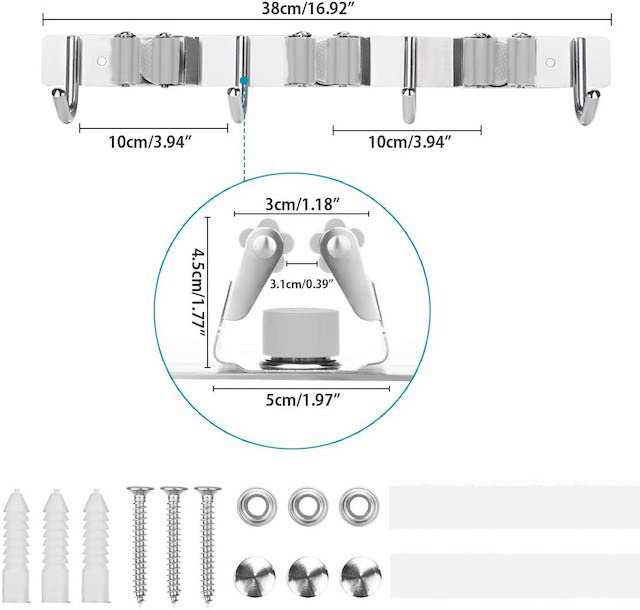 Bathroom Adhesive Screw Hanger Mop Broom Holder Organizer Wall Mount 3 Racks 4 Towel Hook