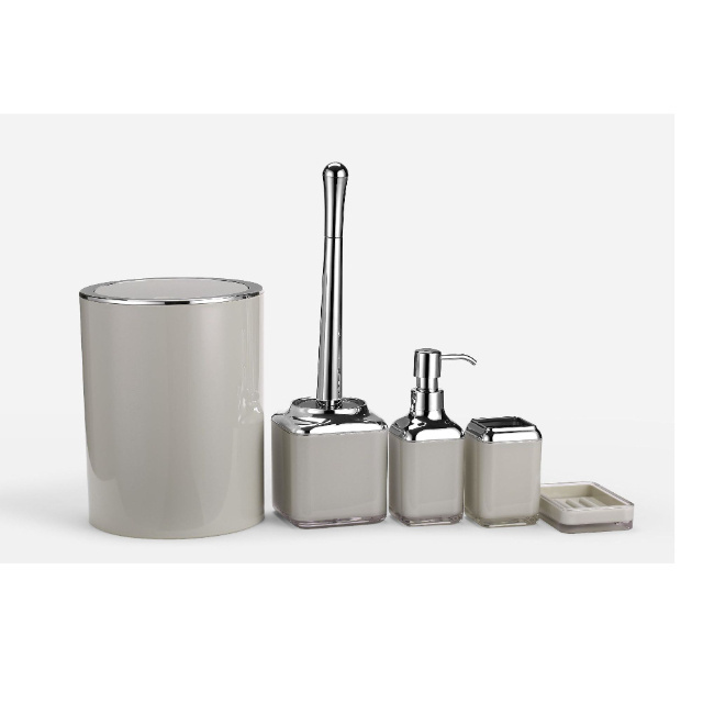 Acrylic Gray Glossy Bathroom Accessories 5 Piece Set Wastebasket Toilet Brush Soap Dispenser Soap Dish Toothbrush Holder