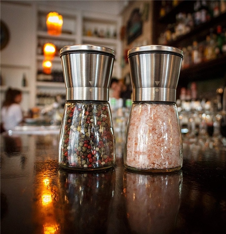 Adjustable Stainless Steel Salt and Pepper Set Mill Shakers With Lid 6 OZ Glass Salt Pepper Grinders