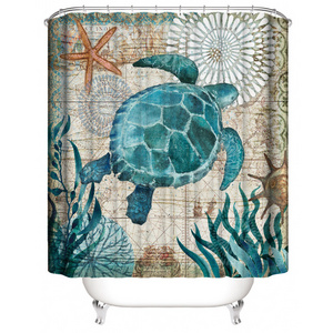 Nautical Blue Sea Bathroom Sets with Shower Curtain and Rugs Ocean Turtle Waterproof Fabric Shower Curtain Sets