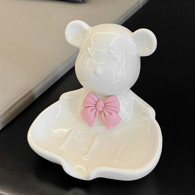 Bathroom Exquisite Sink Decoration Bear Ceramic Soap Dish with Bow Decoration Bear Ceramic Soap Dish