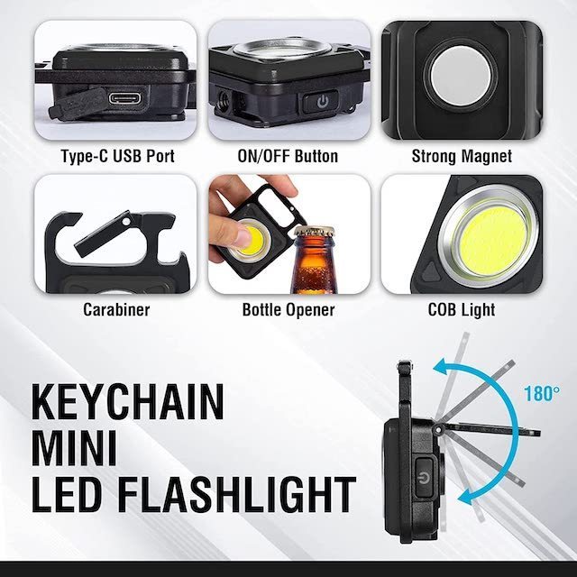 Portable Rechargeable COB Keychain Work Light with 4 Light Modes Waterproof for Hiking Camping Mini Flashlights