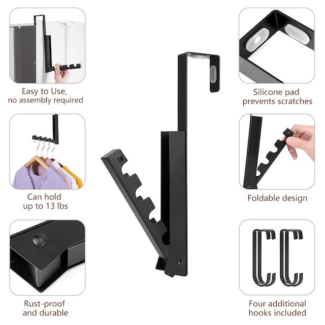 2021 New Design Home Heavy Duty Door 4 Hook Over The Door Hooks Folding Hanging Coat Rack Black