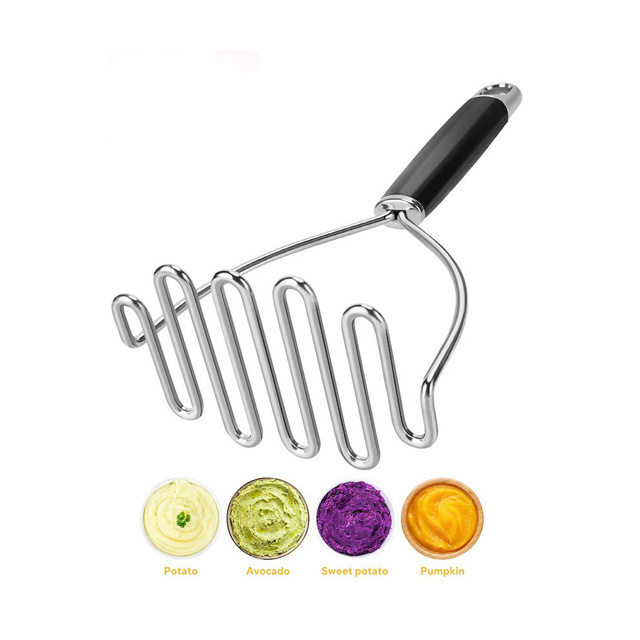 Premium Quality Kitchen Tool Bean Masher Vegetable Fruits Stainless Steel Potato Masher Silicone Black