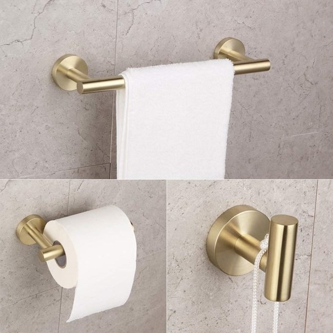 Tissue Holder Bathroom Brushed Gold 3 Piece Accessories Set Bath Shower Robe Hook, Toilet Paper Holder, Hand Towel Bar