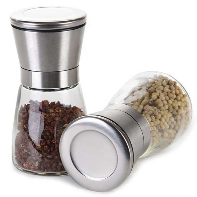 Adjustable Stainless Steel Salt and Pepper Set Mill Shakers With Lid 6 OZ Glass Salt Pepper Grinders